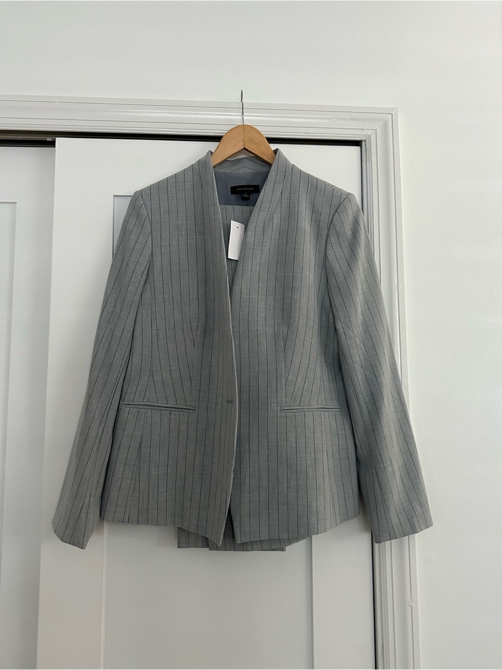 Ann Taylor Light Gray Pinstripe Collarless Blazer